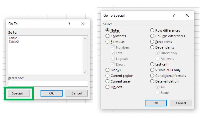 A screenshot of the Go To and Go To special dialog boxes in Excel