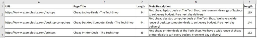 A screenshot of metadata in Excel