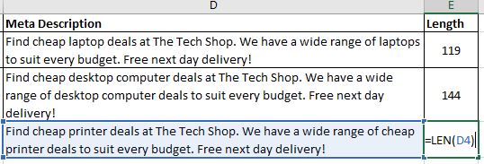 The LEN function in Excel being used to check the length of a meta description